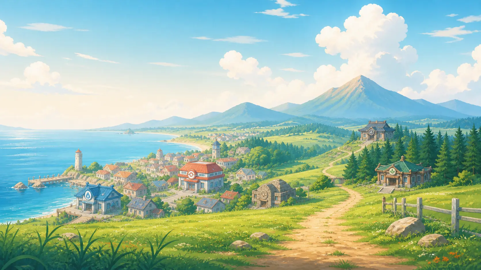 Painted view of Pallet Town with mountains and sea at sunset